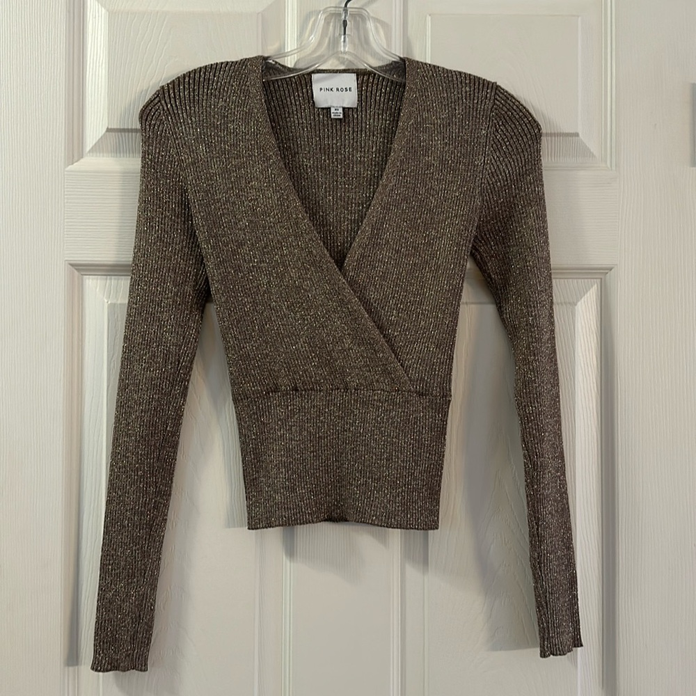 Pink Rose (XS) brown V-Neck wrap sweater with bronze metallic thread.